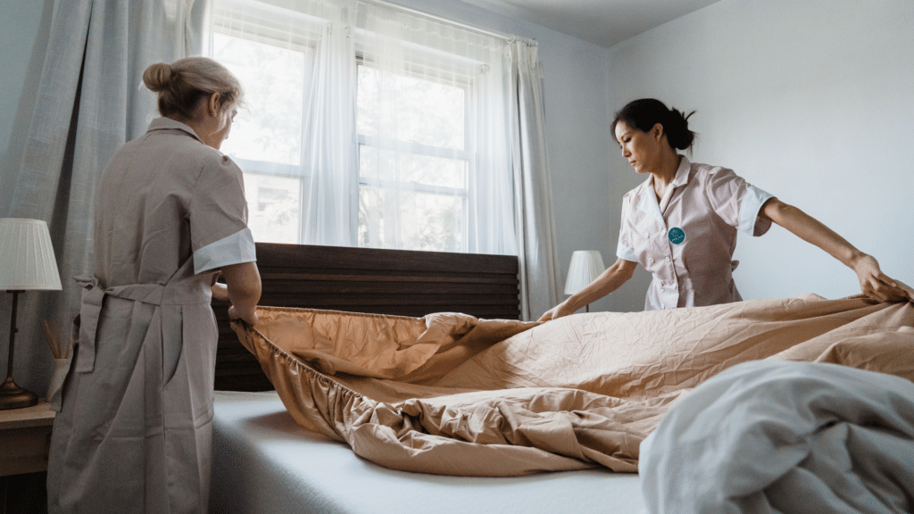 two hotel housekeepers fixing the bed